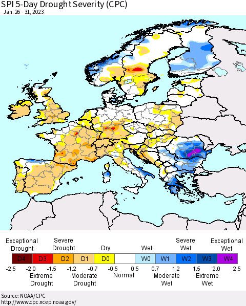 Europe SPI 5-Day Drought Severity (CPC) Thematic Map For 1/26/2023 - 1/31/2023