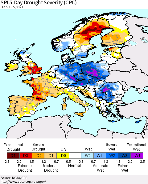 Europe SPI 5-Day Drought Severity (CPC) Thematic Map For 2/1/2023 - 2/5/2023