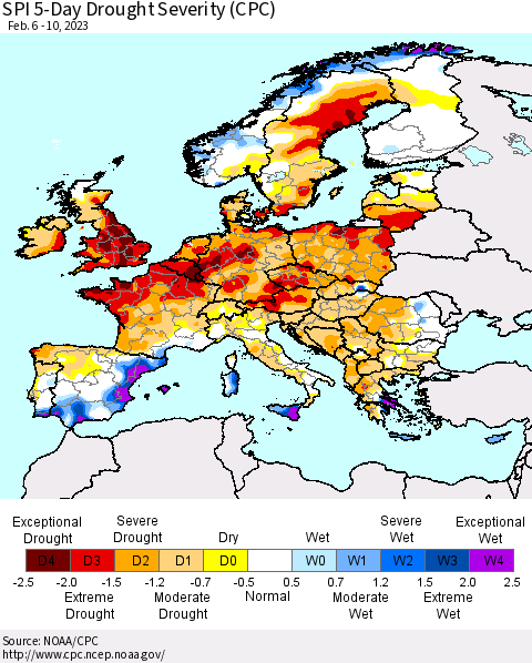 Europe SPI 5-Day Drought Severity (CPC) Thematic Map For 2/6/2023 - 2/10/2023