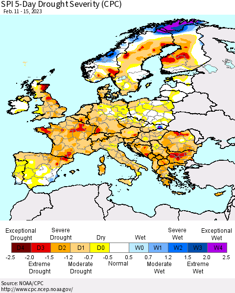 Europe SPI 5-Day Drought Severity (CPC) Thematic Map For 2/11/2023 - 2/15/2023