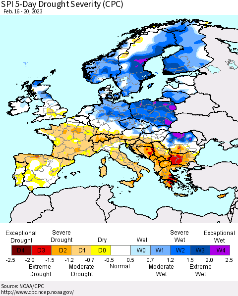 Europe SPI 5-Day Drought Severity (CPC) Thematic Map For 2/16/2023 - 2/20/2023