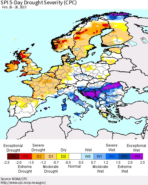 Europe SPI 5-Day Drought Severity (CPC) Thematic Map For 2/26/2023 - 2/28/2023