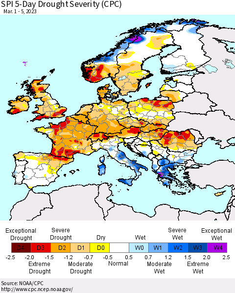 Europe SPI 5-Day Drought Severity (CPC) Thematic Map For 3/1/2023 - 3/5/2023
