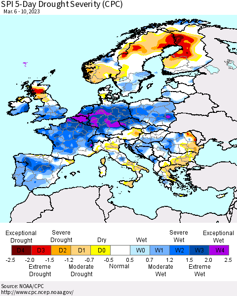 Europe SPI 5-Day Drought Severity (CPC) Thematic Map For 3/6/2023 - 3/10/2023