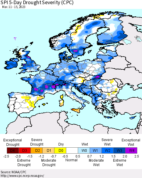 Europe SPI 5-Day Drought Severity (CPC) Thematic Map For 3/11/2023 - 3/15/2023