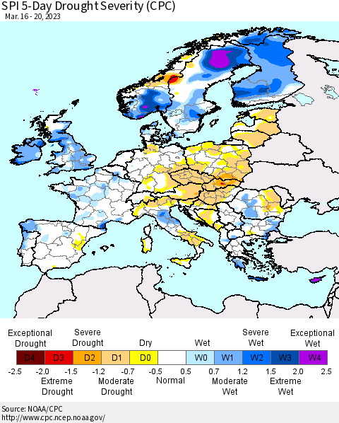 Europe SPI 5-Day Drought Severity (CPC) Thematic Map For 3/16/2023 - 3/20/2023