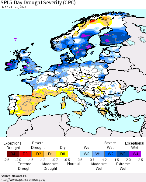 Europe SPI 5-Day Drought Severity (CPC) Thematic Map For 3/21/2023 - 3/25/2023