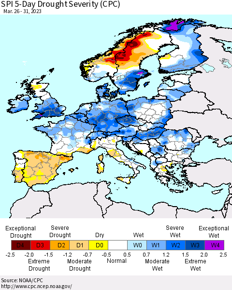 Europe SPI 5-Day Drought Severity (CPC) Thematic Map For 3/26/2023 - 3/31/2023