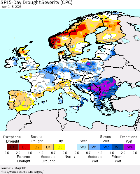 Europe SPI 5-Day Drought Severity (CPC) Thematic Map For 4/1/2023 - 4/5/2023