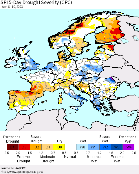Europe SPI 5-Day Drought Severity (CPC) Thematic Map For 4/6/2023 - 4/10/2023