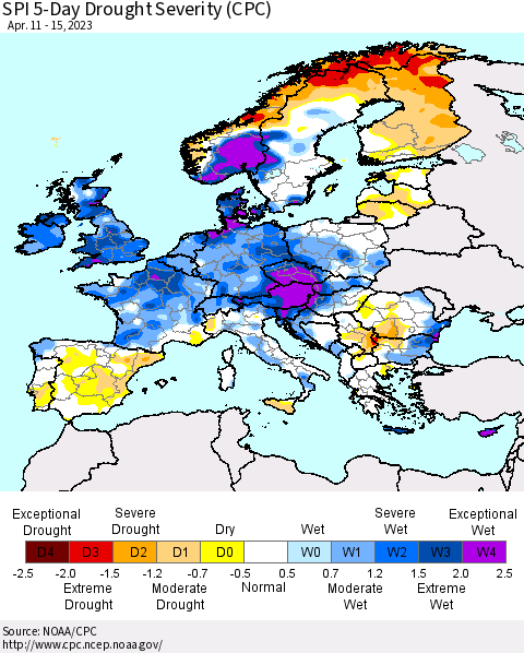 Europe SPI 5-Day Drought Severity (CPC) Thematic Map For 4/11/2023 - 4/15/2023