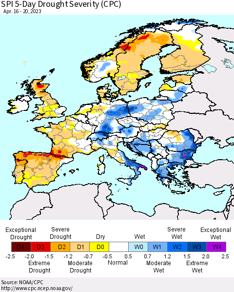 Europe SPI 5-Day Drought Severity (CPC) Thematic Map For 4/16/2023 - 4/20/2023