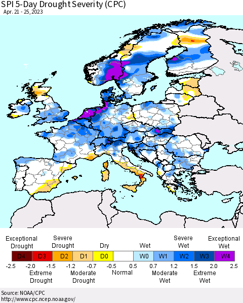 Europe SPI 5-Day Drought Severity (CPC) Thematic Map For 4/21/2023 - 4/25/2023