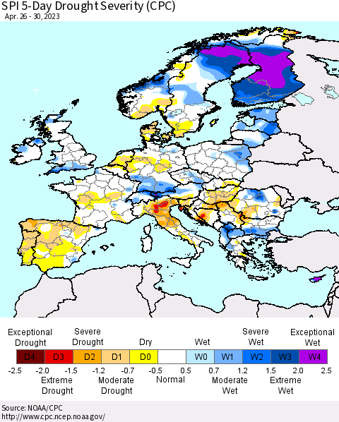 Europe SPI 5-Day Drought Severity (CPC) Thematic Map For 4/26/2023 - 4/30/2023