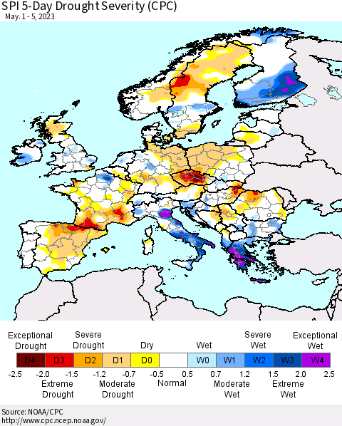 Europe SPI 5-Day Drought Severity (CPC) Thematic Map For 5/1/2023 - 5/5/2023