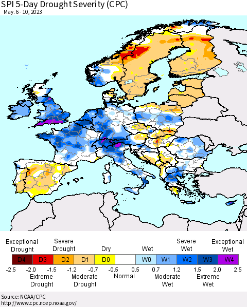 Europe SPI 5-Day Drought Severity (CPC) Thematic Map For 5/6/2023 - 5/10/2023