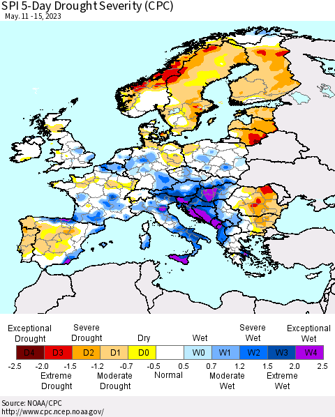 Europe SPI 5-Day Drought Severity (CPC) Thematic Map For 5/11/2023 - 5/15/2023