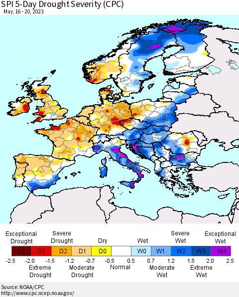 Europe SPI 5-Day Drought Severity (CPC) Thematic Map For 5/16/2023 - 5/20/2023