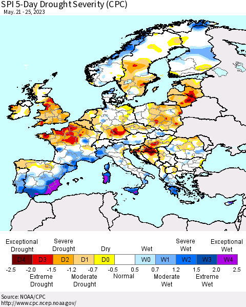 Europe SPI 5-Day Drought Severity (CPC) Thematic Map For 5/21/2023 - 5/25/2023