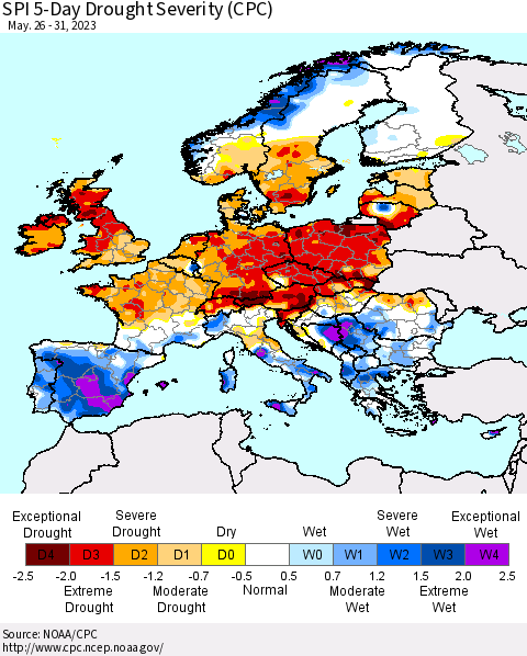 Europe SPI 5-Day Drought Severity (CPC) Thematic Map For 5/26/2023 - 5/31/2023