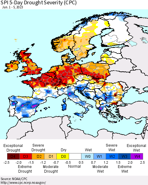 Europe SPI 5-Day Drought Severity (CPC) Thematic Map For 6/1/2023 - 6/5/2023