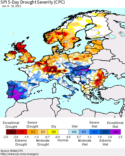 Europe SPI 5-Day Drought Severity (CPC) Thematic Map For 6/6/2023 - 6/10/2023