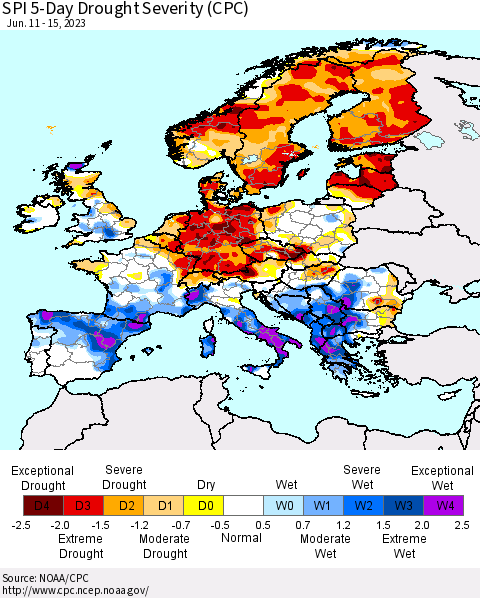 Europe SPI 5-Day Drought Severity (CPC) Thematic Map For 6/11/2023 - 6/15/2023