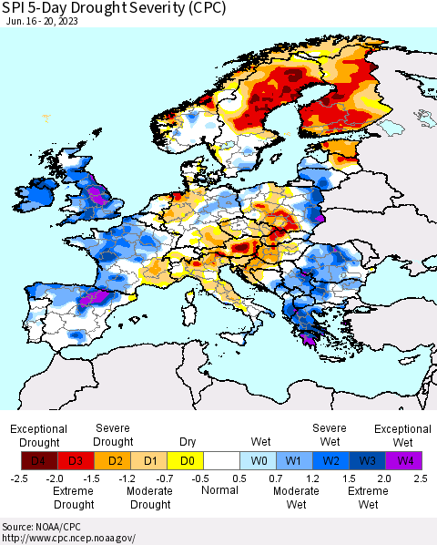 Europe SPI 5-Day Drought Severity (CPC) Thematic Map For 6/16/2023 - 6/20/2023