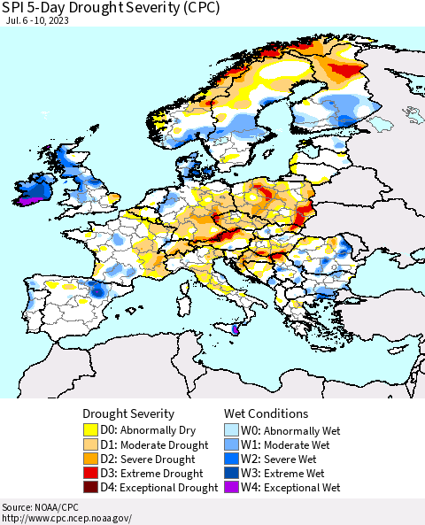 Europe SPI 5-Day Drought Severity (CPC) Thematic Map For 7/6/2023 - 7/10/2023