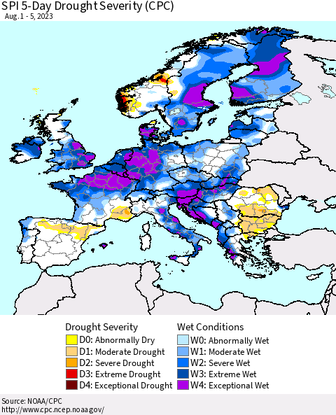 Europe SPI 5-Day Drought Severity (CPC) Thematic Map For 8/1/2023 - 8/5/2023