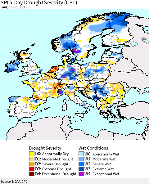 Europe SPI 5-Day Drought Severity (CPC) Thematic Map For 8/16/2023 - 8/20/2023