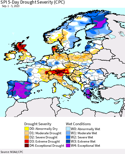 Europe SPI 5-Day Drought Severity (CPC) Thematic Map For 9/1/2023 - 9/5/2023