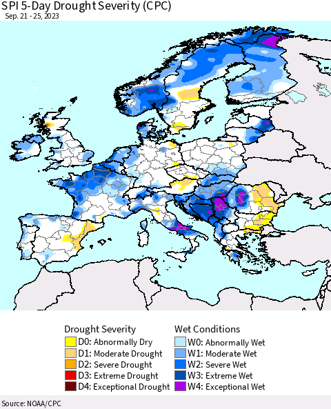 Europe SPI 5-Day Drought Severity (CPC) Thematic Map For 9/21/2023 - 9/25/2023