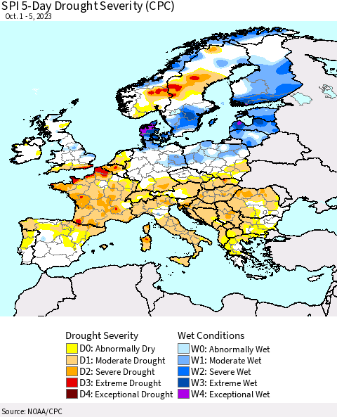 Europe SPI 5-Day Drought Severity (CPC) Thematic Map For 10/1/2023 - 10/5/2023