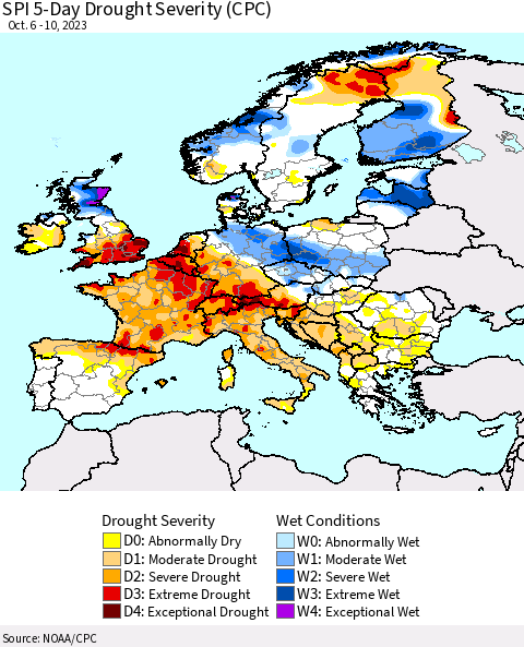 Europe SPI 5-Day Drought Severity (CPC) Thematic Map For 10/6/2023 - 10/10/2023