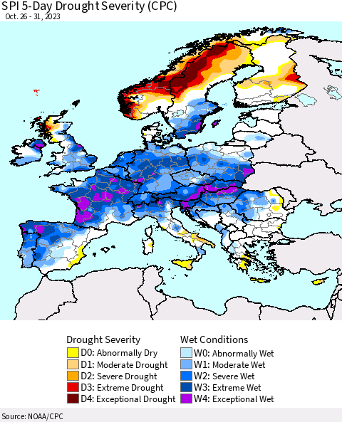 Europe SPI 5-Day Drought Severity (CPC) Thematic Map For 10/26/2023 - 10/31/2023