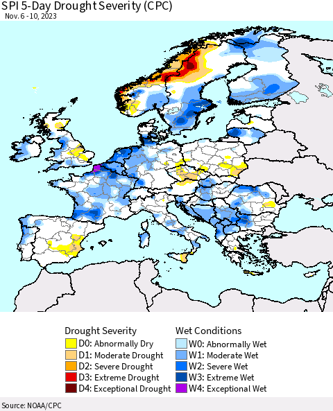 Europe SPI 5-Day Drought Severity (CPC) Thematic Map For 11/6/2023 - 11/10/2023