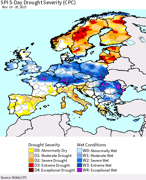 Europe SPI 5-Day Drought Severity (CPC) Thematic Map For 11/16/2023 - 11/20/2023