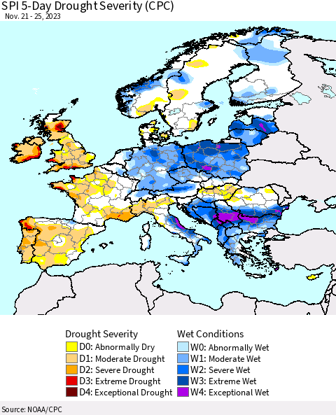 Europe SPI 5-Day Drought Severity (CPC) Thematic Map For 11/21/2023 - 11/25/2023