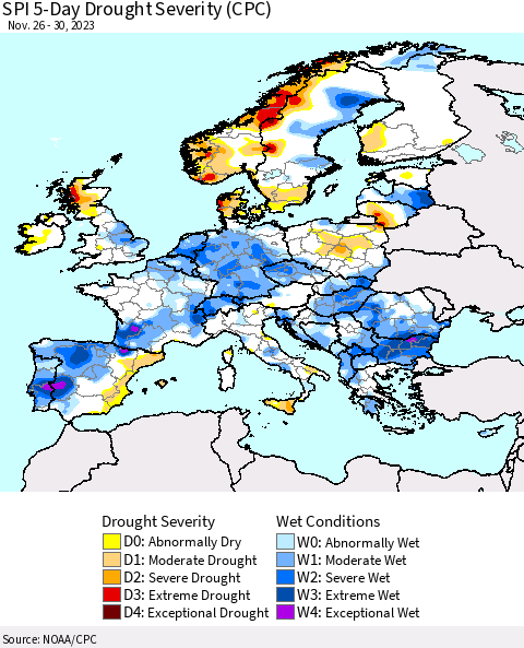 Europe SPI 5-Day Drought Severity (CPC) Thematic Map For 11/26/2023 - 11/30/2023