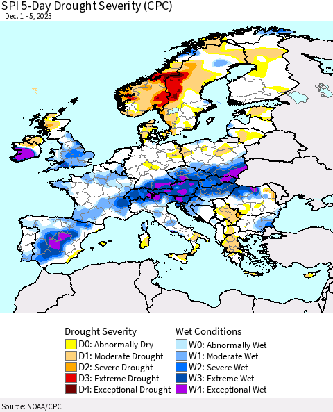 Europe SPI 5-Day Drought Severity (CPC) Thematic Map For 12/1/2023 - 12/5/2023
