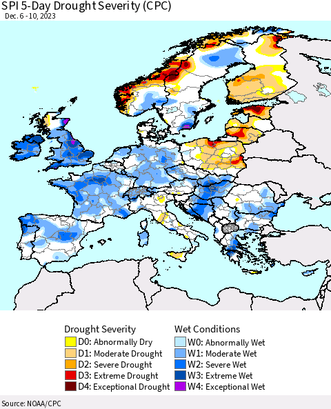 Europe SPI 5-Day Drought Severity (CPC) Thematic Map For 12/6/2023 - 12/10/2023