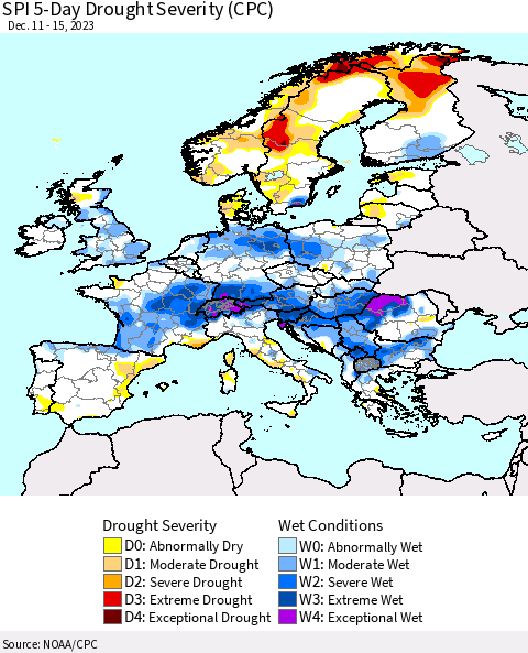 Europe SPI 5-Day Drought Severity (CPC) Thematic Map For 12/11/2023 - 12/15/2023