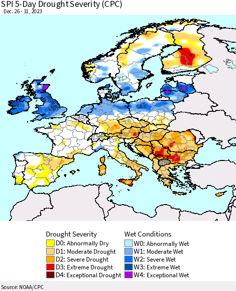 Europe SPI 5-Day Drought Severity (CPC) Thematic Map For 12/26/2023 - 12/31/2023
