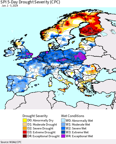 Europe SPI 5-Day Drought Severity (CPC) Thematic Map For 1/1/2024 - 1/5/2024