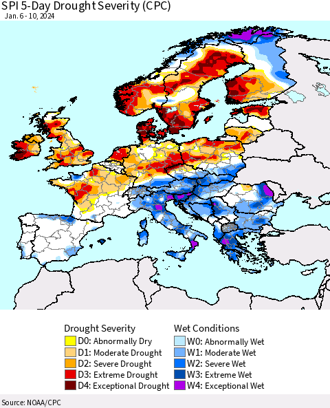 Europe SPI 5-Day Drought Severity (CPC) Thematic Map For 1/6/2024 - 1/10/2024