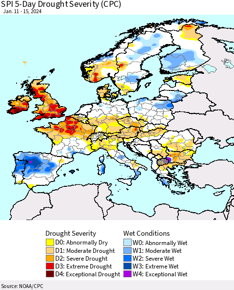 Europe SPI 5-Day Drought Severity (CPC) Thematic Map For 1/11/2024 - 1/15/2024