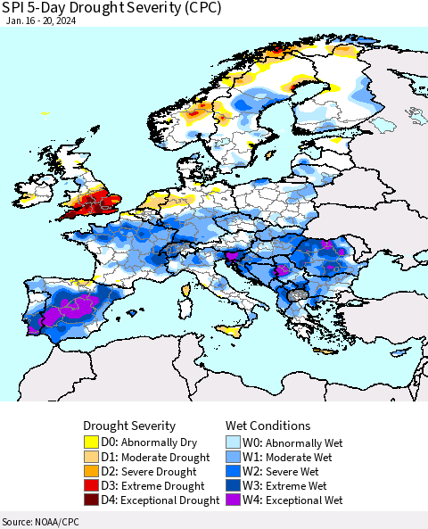Europe SPI 5-Day Drought Severity (CPC) Thematic Map For 1/16/2024 - 1/20/2024