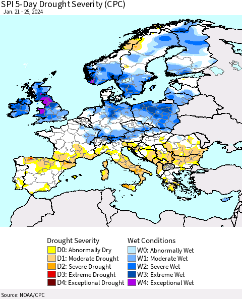 Europe SPI 5-Day Drought Severity (CPC) Thematic Map For 1/21/2024 - 1/25/2024