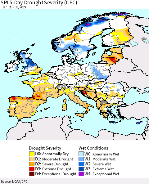 Europe SPI 5-Day Drought Severity (CPC) Thematic Map For 1/26/2024 - 1/31/2024